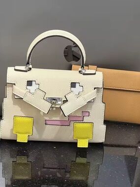 Stylish genuine leather White and Yellow mini Designer Handbag